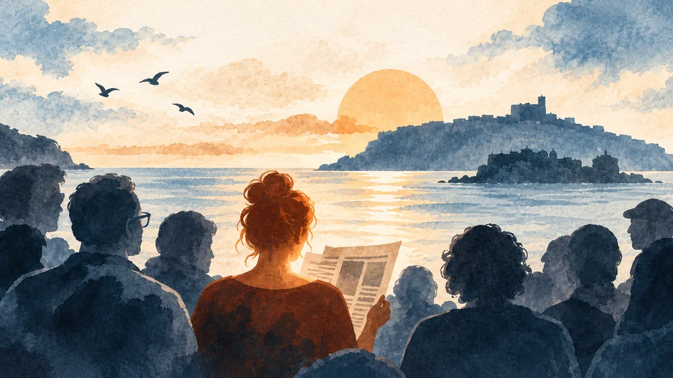 Illustrazione ad acquerello: lettori di fronte al mare, una donna con un giornale e un paesaggio costiero al tramonto.
